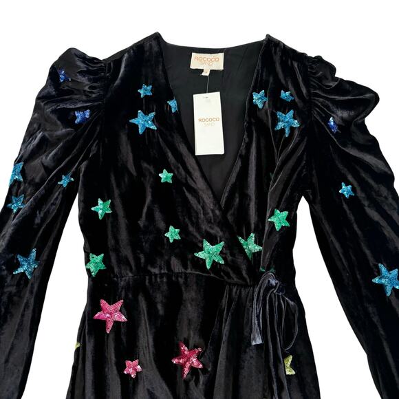 Rococo Sand Amos Black Velvet Sequin Star Wrap Mini Dress Women’s Size Small NWT - Picture 4 of 8